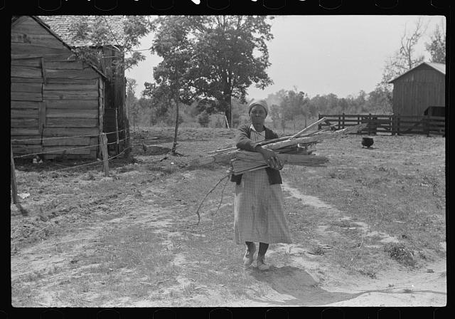 A woman carries wood to her home